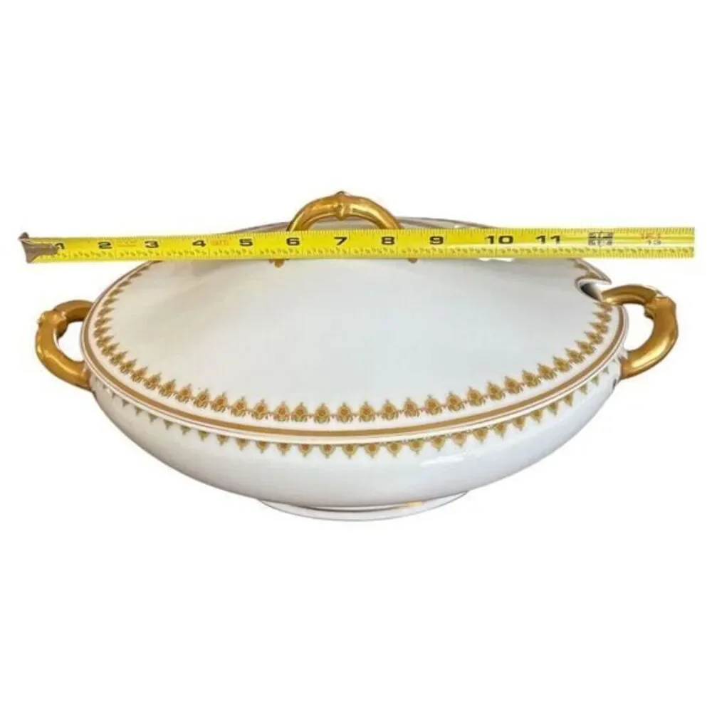 Haviland Limoges Antique Oval Tureen w Lid Serving Bowl Gold‎ Rim Green Vine
